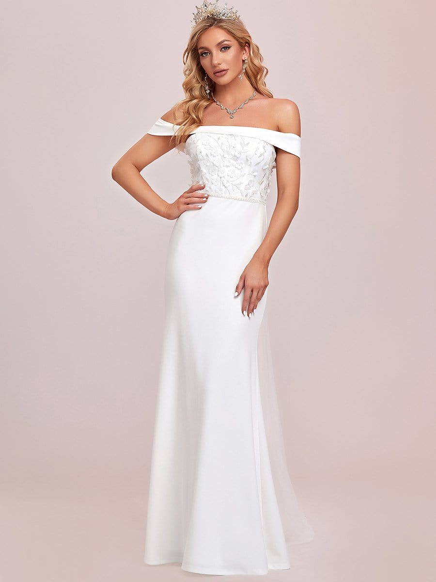 Color=White | Applique Off-Shoulder Bodycon Fishtail Wedding Dress-White 6