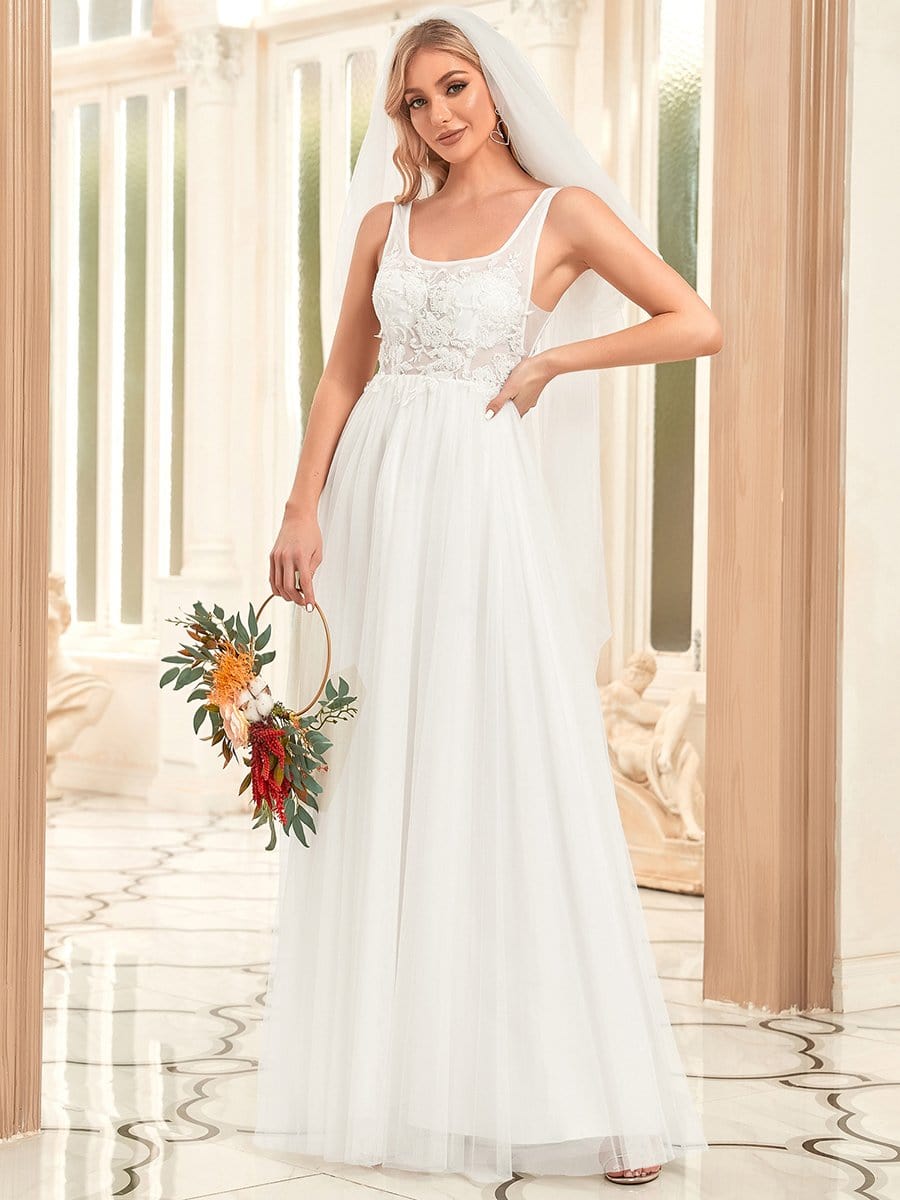 Color=White | A-Line Tulle Sheer Floral Applique Wedding Dress-White 4
