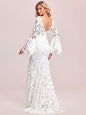 Color=White | All-Over Lace Bell Sleeve Fishtail Wedding Dress-White 7