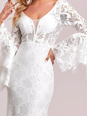 Color=White | All-Over Lace Bell Sleeve Fishtail Wedding Dress-White 9