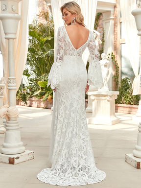 Color=White | All-Over Lace Bell Sleeve Fishtail Wedding Dress-White 5