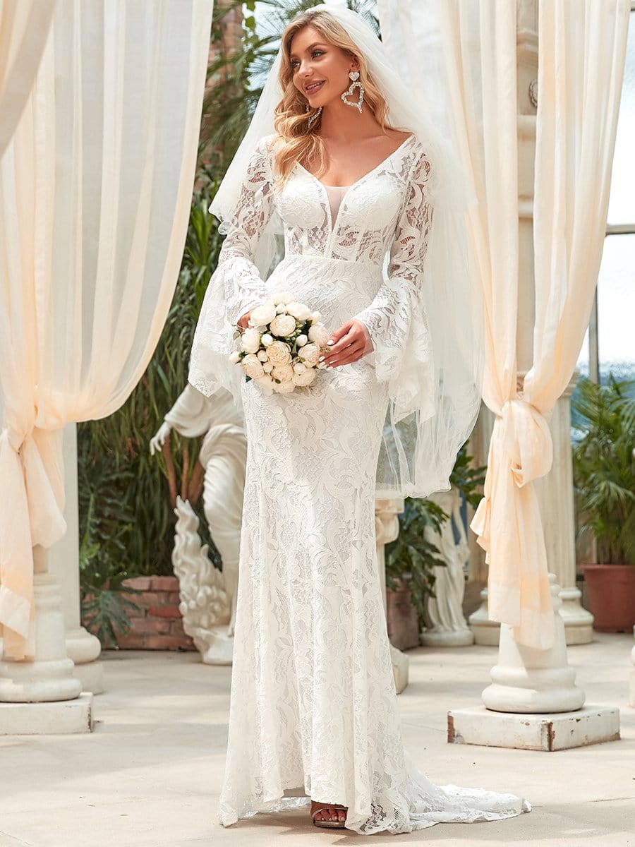 Color=White | All-Over Lace Bell Sleeve Fishtail Wedding Dress-White 6