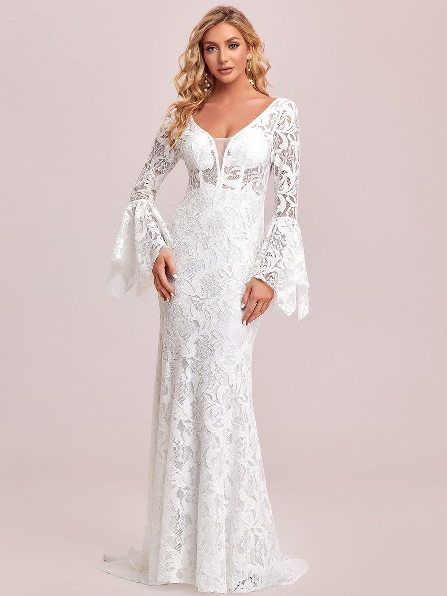 Color=White | All-Over Lace Bell Sleeve Fishtail Wedding Dress-White 6