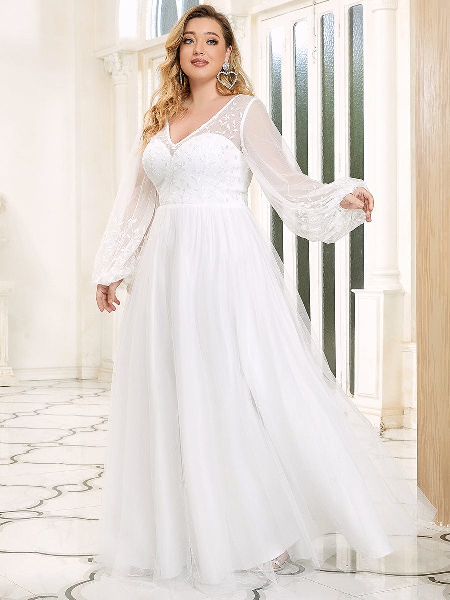 Sheer Floral Puffed Sleeve Sweetheart A-Line Wedding Dress