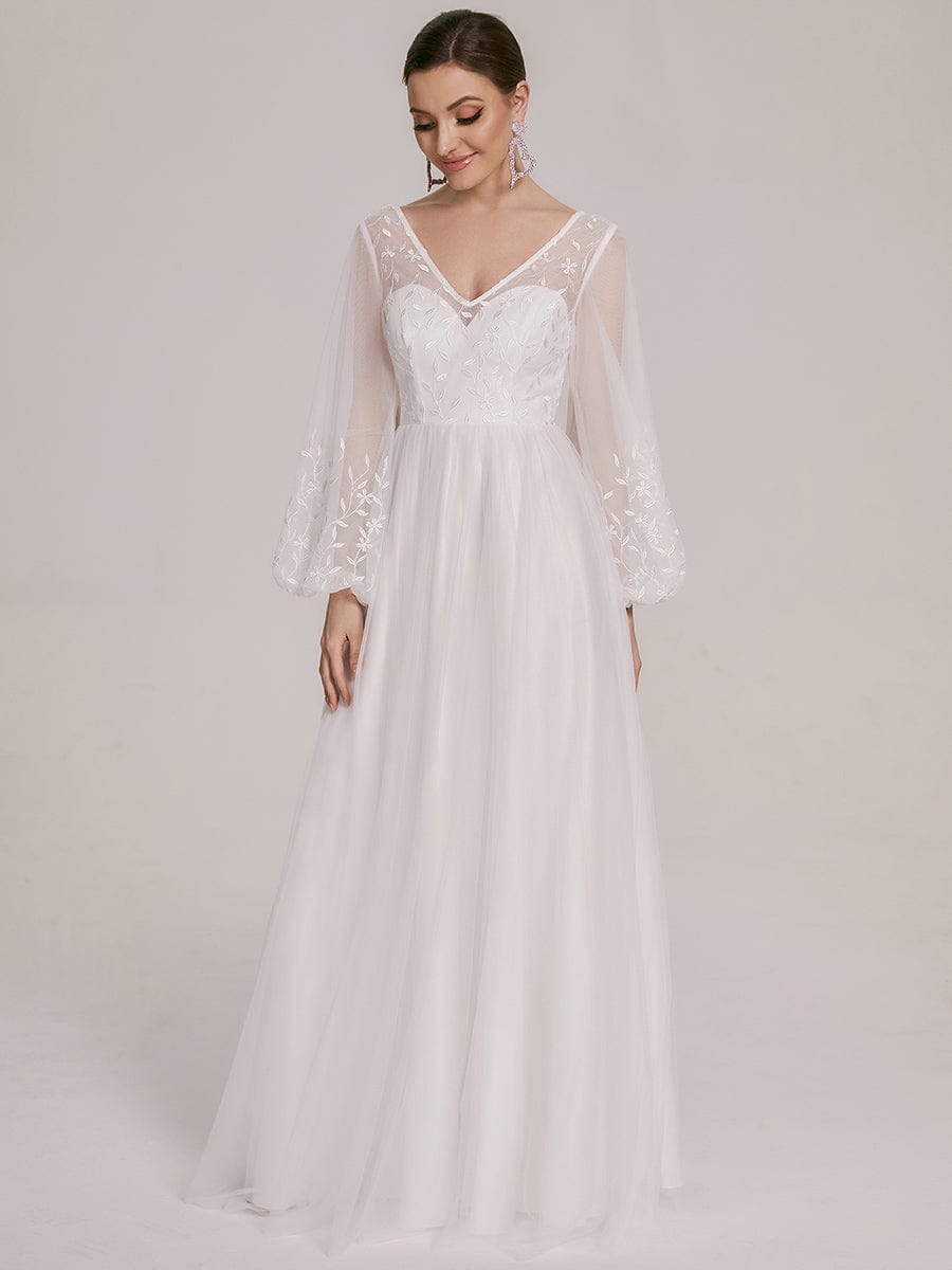 Sheer Floral Puffed Sleeve Sweetheart A-Line Wedding Dress