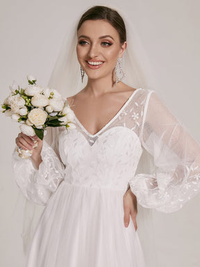 Sheer Floral Puffed Sleeve Sweetheart A-Line Wedding Dress