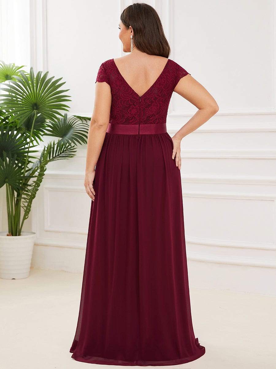 Empire Waist A-Line Lace Cap Sleeve Chiffon Plus Size Mother of the Bride Dress #color_Burgundy 