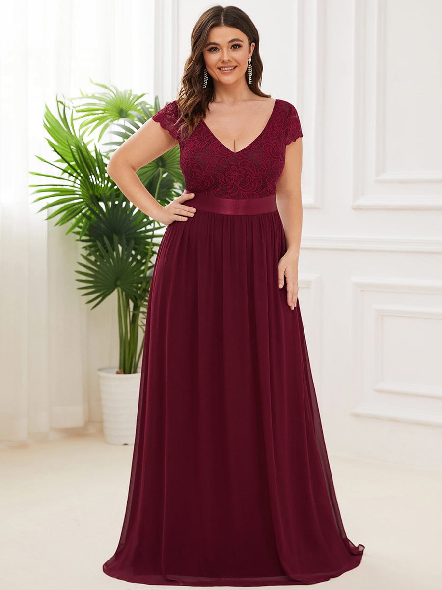 Empire Waist A-Line Lace Cap Sleeve Chiffon Plus Size Mother of the Bride Dress #color_Burgundy 