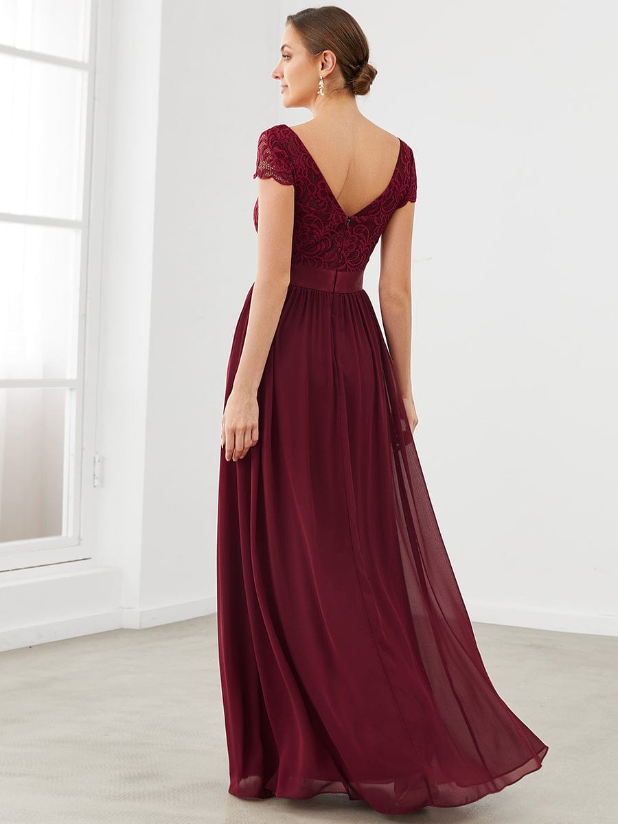 Elegant Lace V-Neck Short Sleeves Chiffon Mother of the Bride Dress #color_Burgundy 