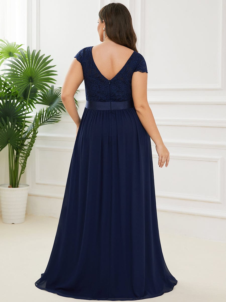 Empire Waist A-Line Lace Cap Sleeve Chiffon Plus Size Mother of the Bride Dress #color_Navy Blue 