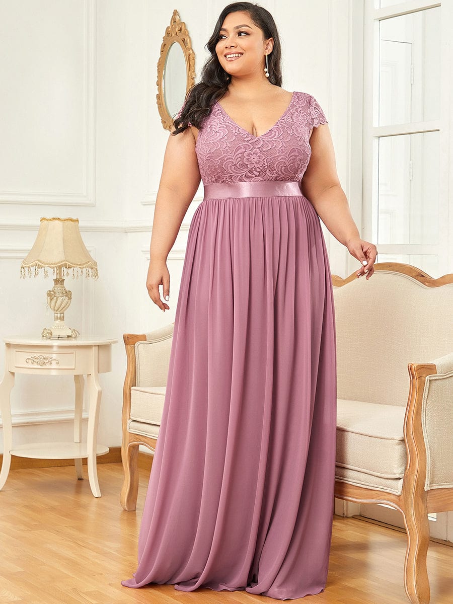Empire Waist A-Line Lace Cap Sleeve Chiffon Plus Size Mother of the Bride Dress #color_Purple Orchid 