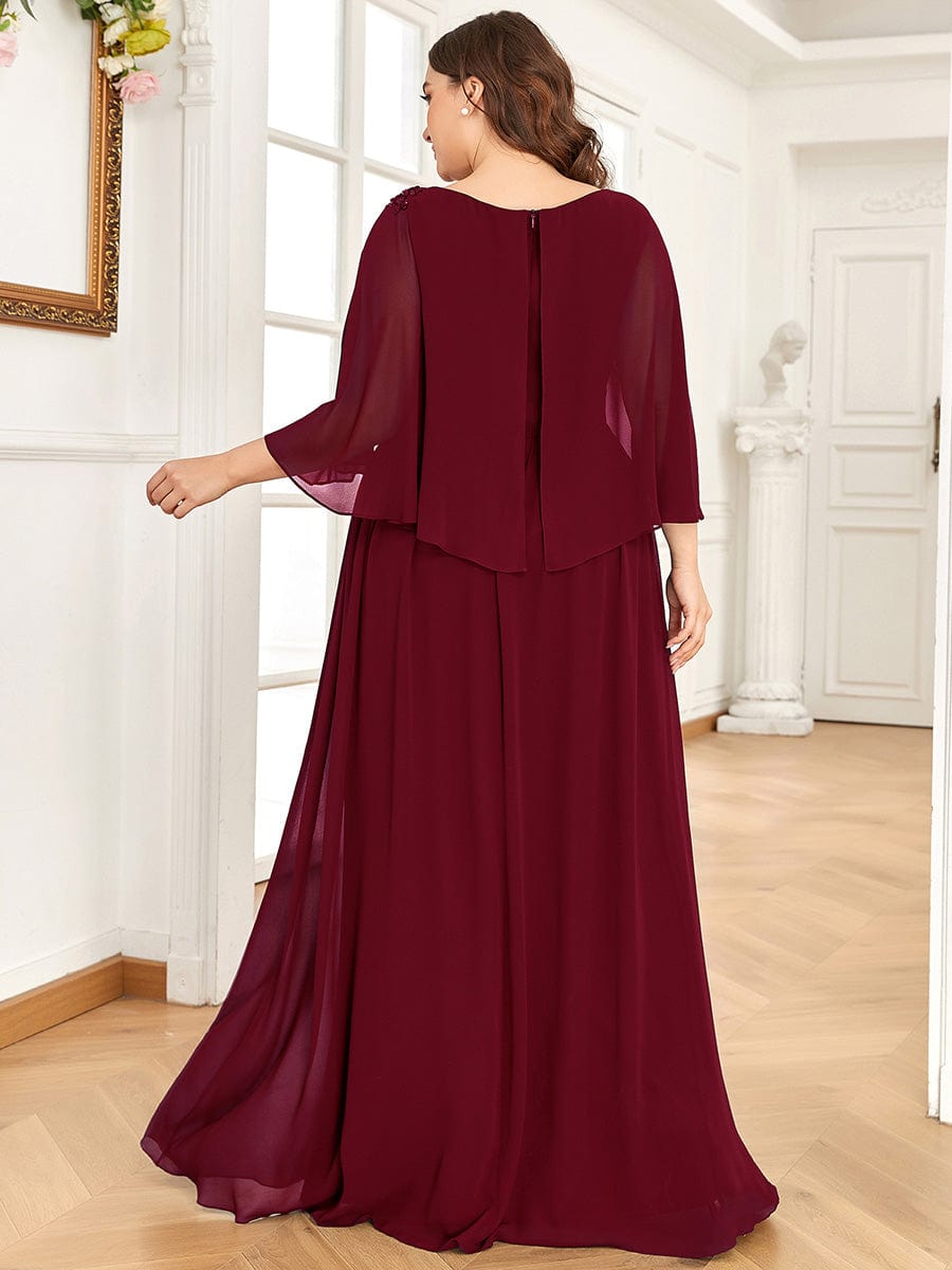Sequin Applique Chiffon Cape A-Line Mother of the Bride Dress #color_Burgundy