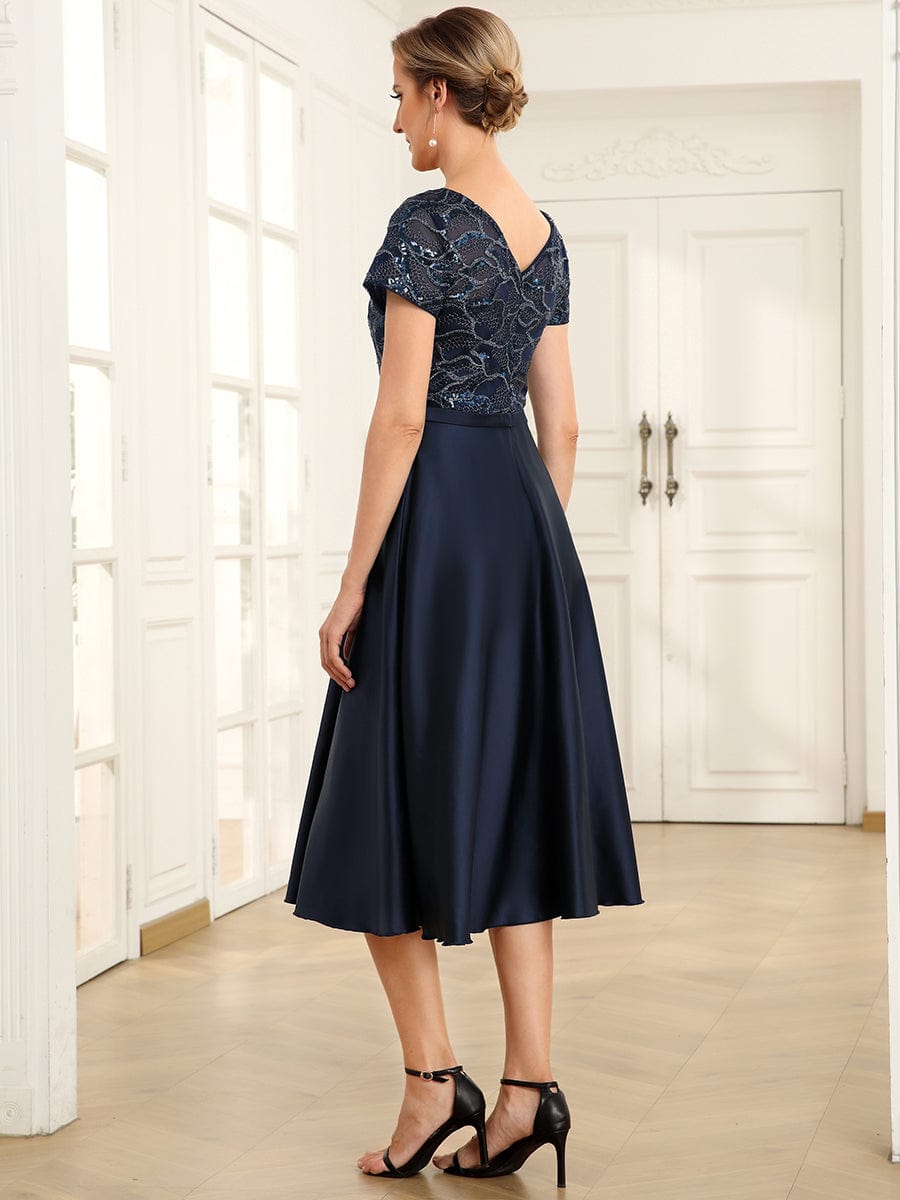 Sequin Short Sleeve Chiffon Midi Mother of the Bride Dress #color_Navy Blue