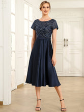 Sequin Short Sleeve Chiffon Midi Mother of the Bride Dress #color_Navy Blue
