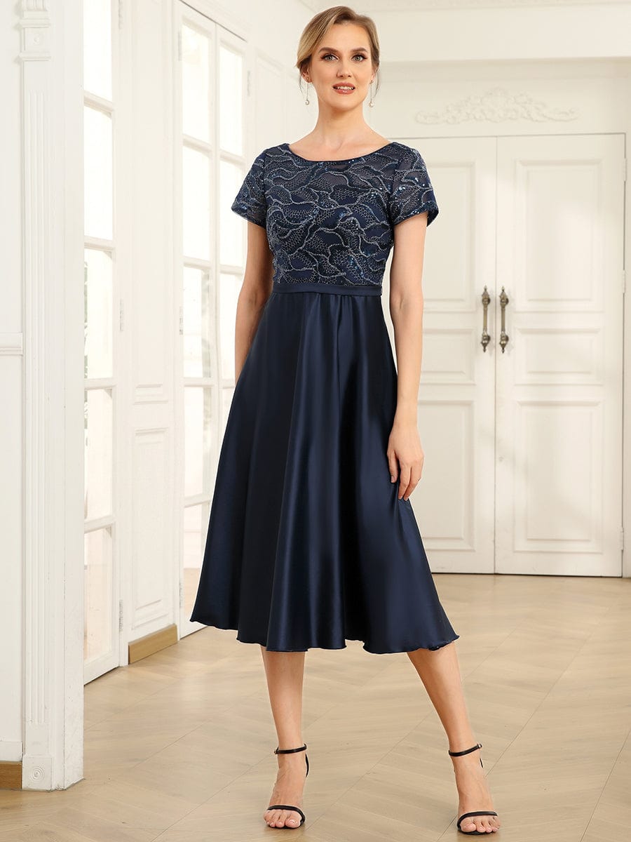 Sequin Short Sleeve Chiffon Midi Mother of the Bride Dress #color_Navy Blue