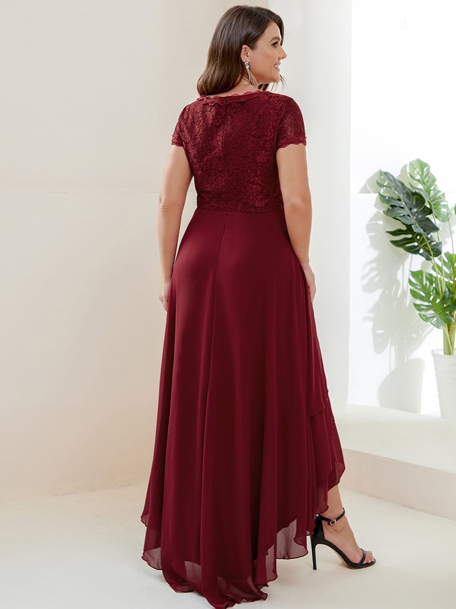 Custom Size Short Sleeve Vintage Lace High Low Mother of the Bride Dress #color_Burgundy