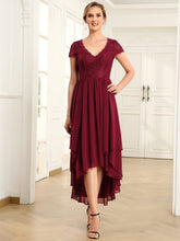 Short Sleeve Vintage Lace Short Sleeve High Low Mother of the Bride Dress #color_Burgundy