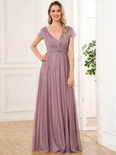 V-Neak Pleated Cap Sleeve Floor Length Mother of the Bride Dress #color_Purple Orchid