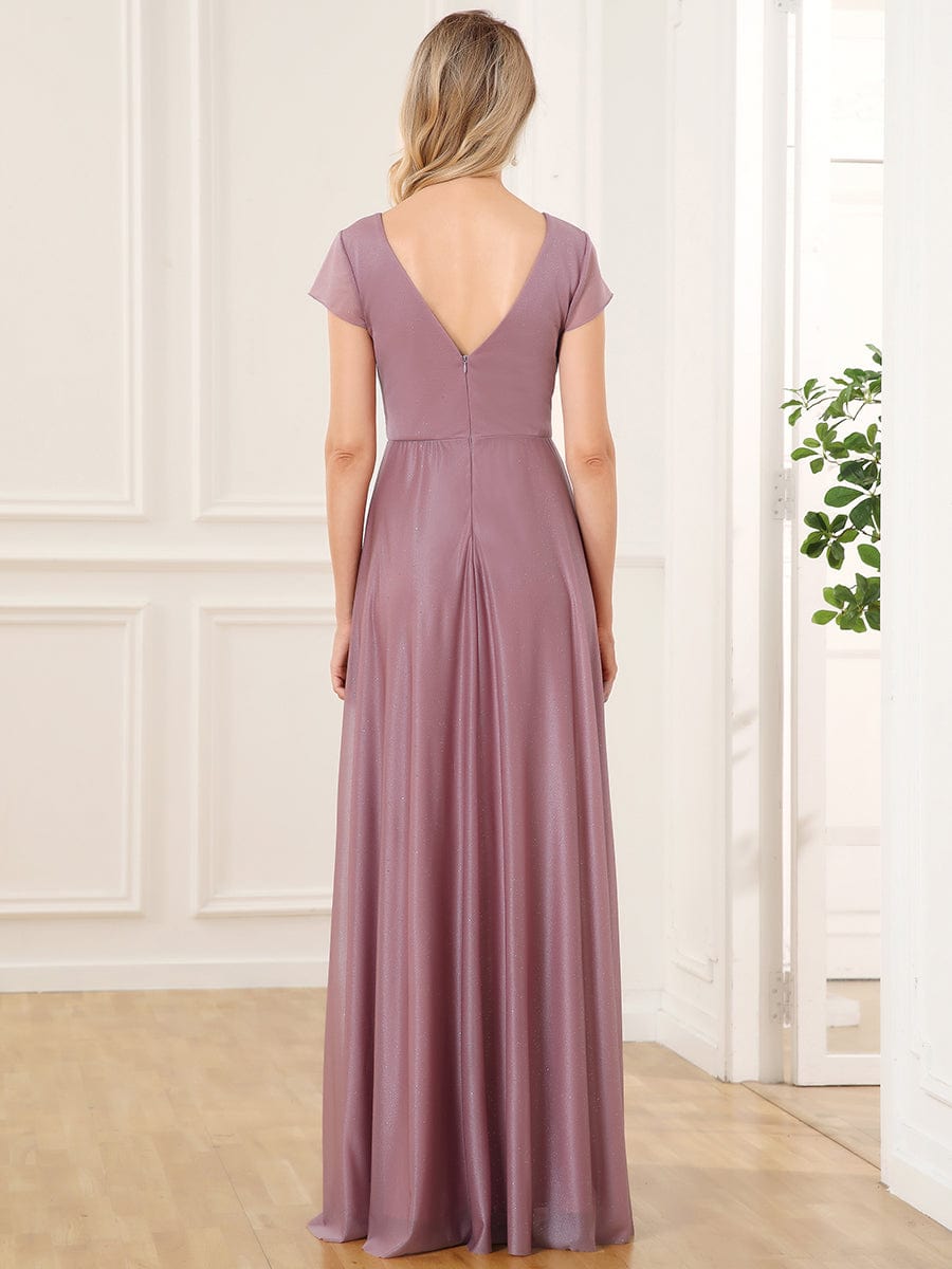V-Neak Pleated Cap Sleeve Floor Length Mother of the Bride Dress #color_Purple Orchid