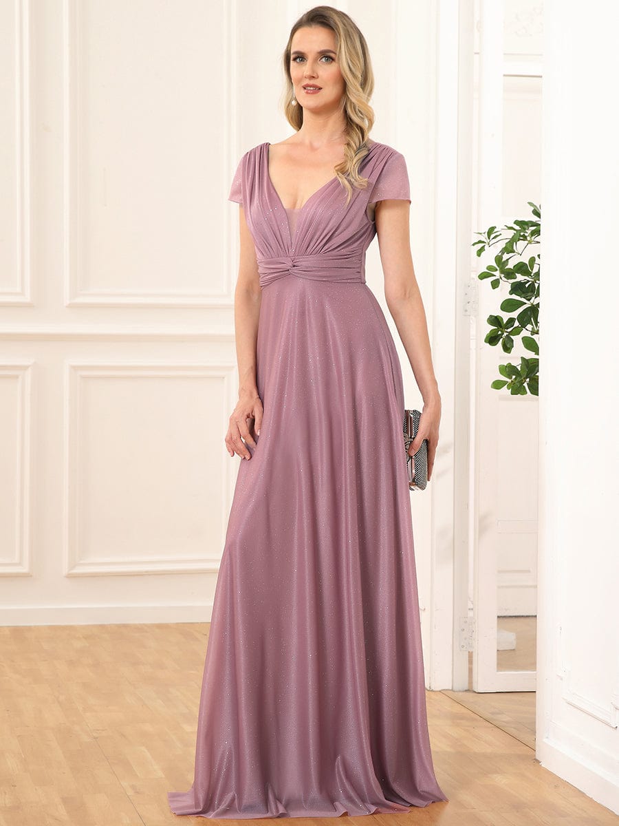 V-Neck Pleated Cap Sleeve Floor Length Mother of the Bride Dress