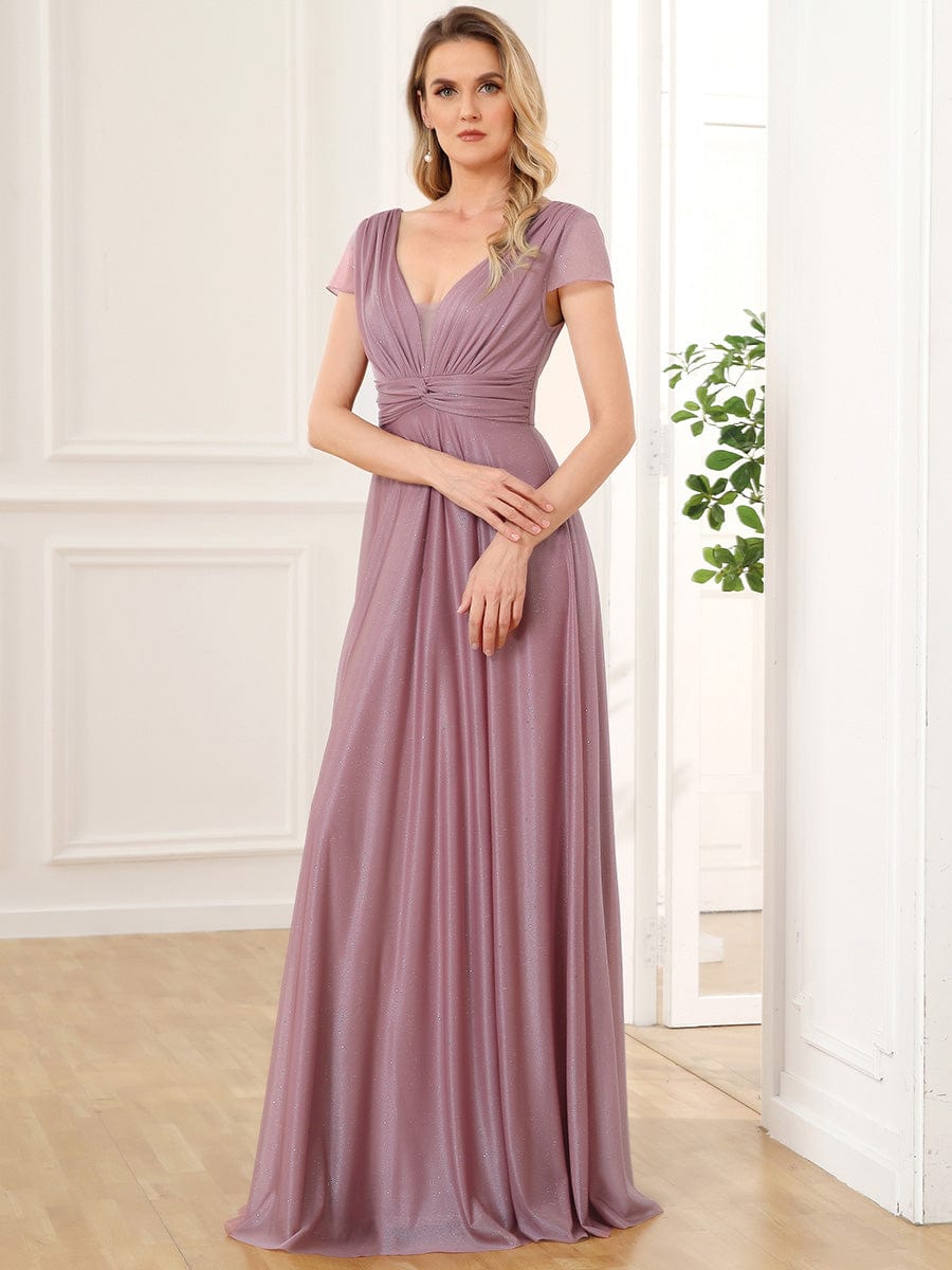 V-Neck Pleated Cap Sleeve Floor Length Mother of the Bride Dress