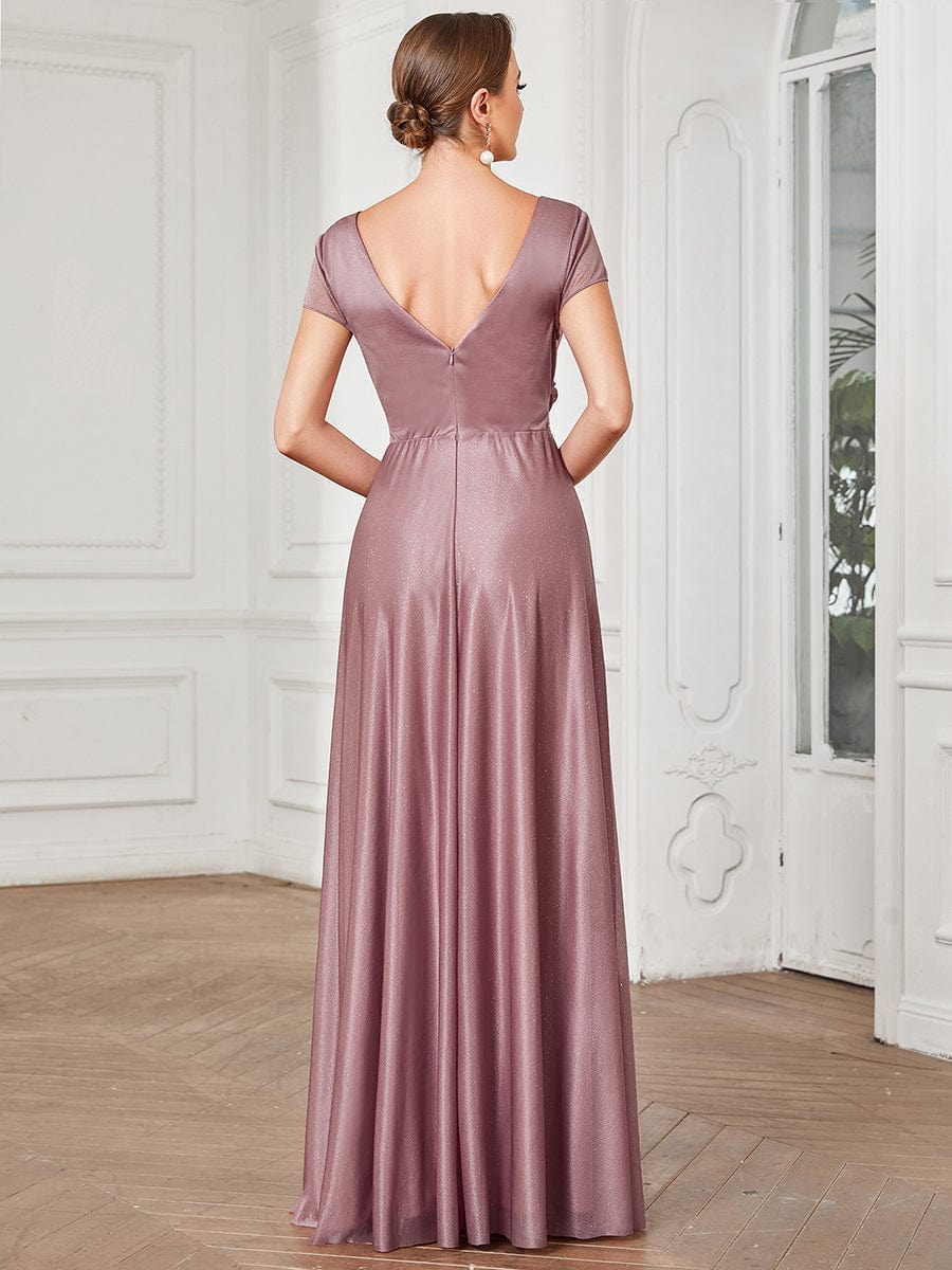 V-Neck Pleated Cap Sleeve Floor Length Mother of the Bride Dress