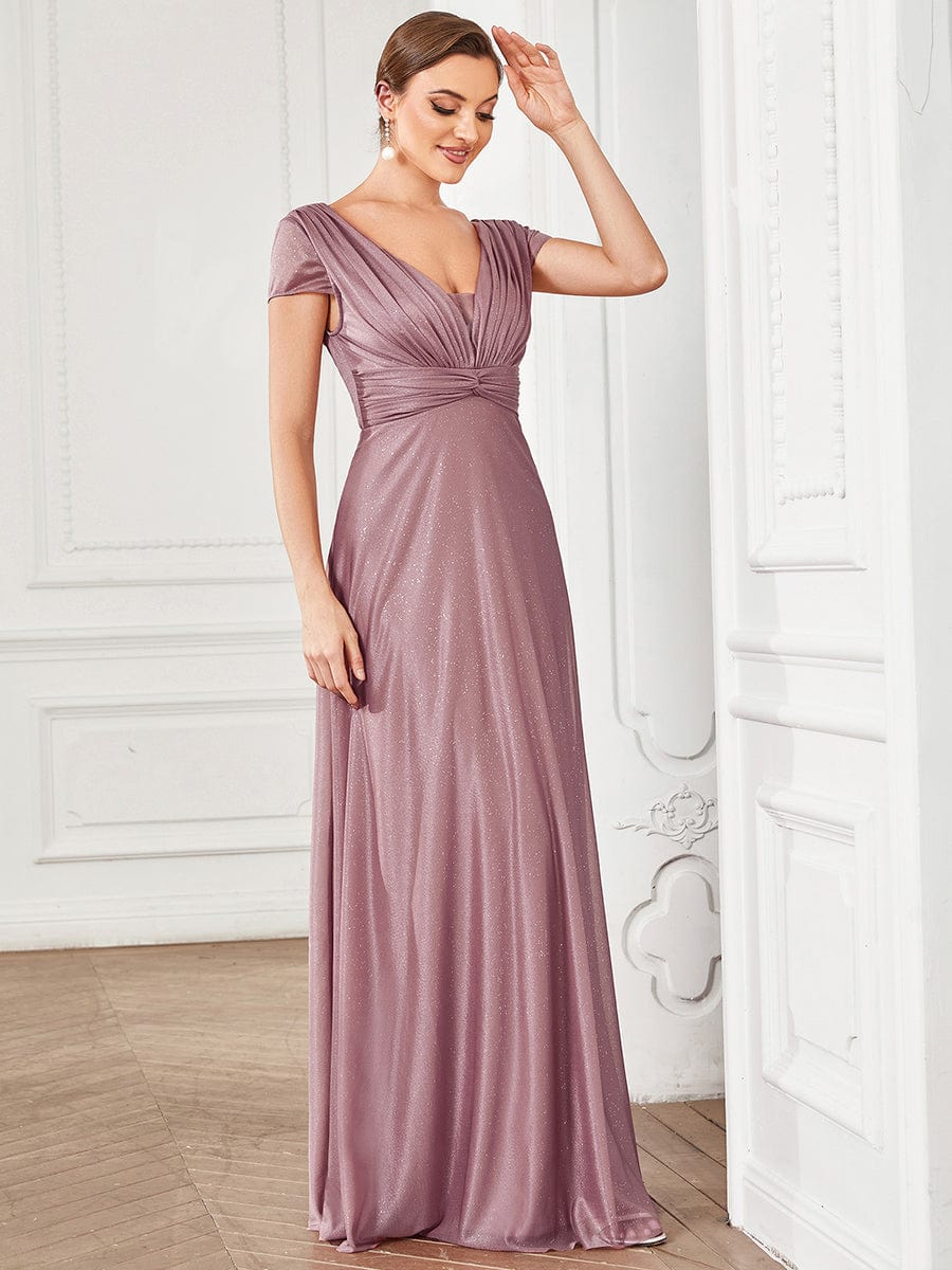 V-Neck Pleated Cap Sleeve Floor Length Mother of the Bride Dress