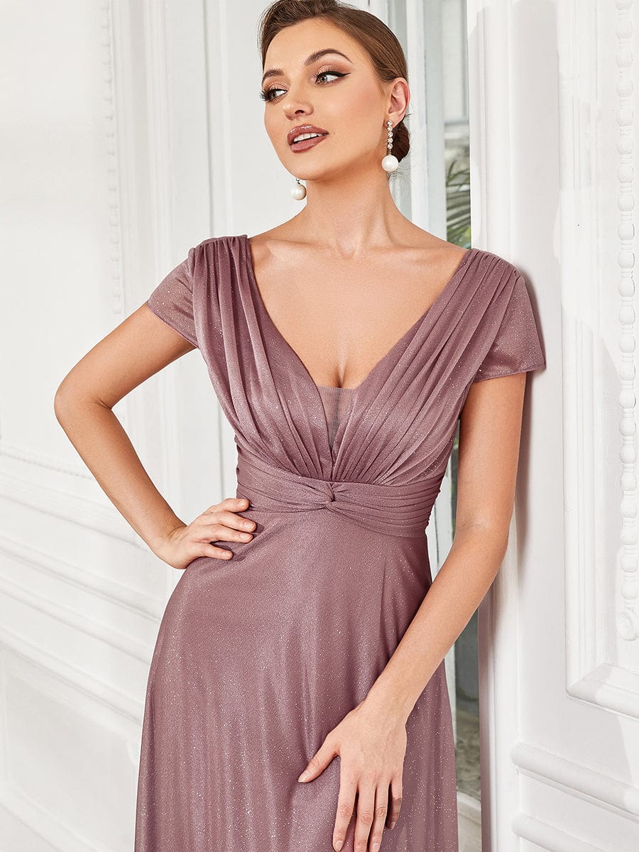 V-Neck Pleated Cap Sleeve Floor Length Mother of the Bride Dress