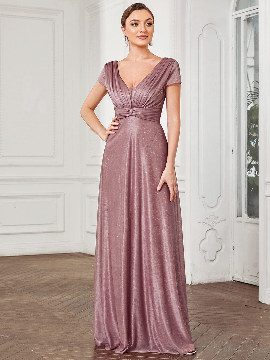 V-Neck Pleated Cap Sleeve Floor Length Mother of the Bride Dress