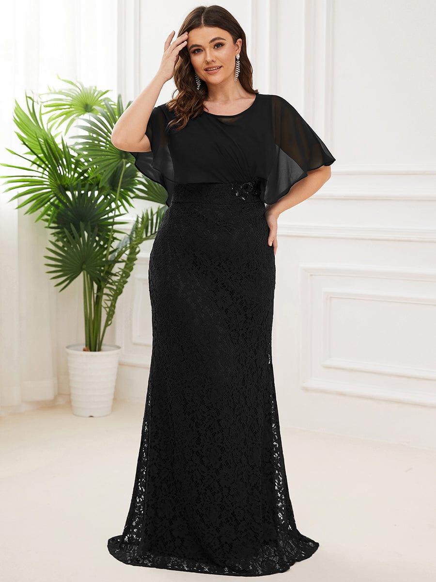 Plus Size Lace Fishtail Chiffon Coverup Mother of the Bride Dress #color_Black