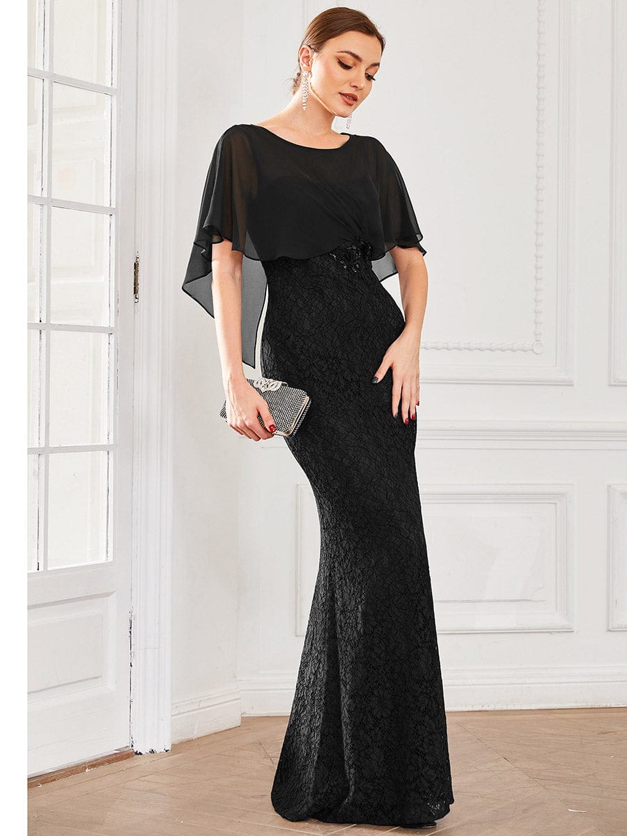 Lace Fishtail Chiffon Coverup Mother Of The Bride Dress #color_Black