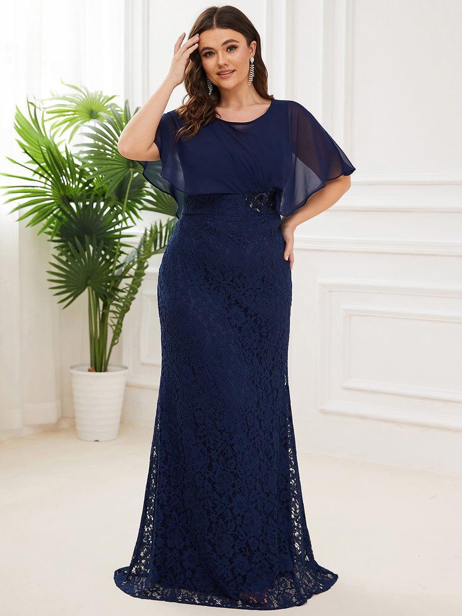 Plus Size Lace Fishtail Chiffon Coverup Mother of the Bride Dress #color_Navy Blue