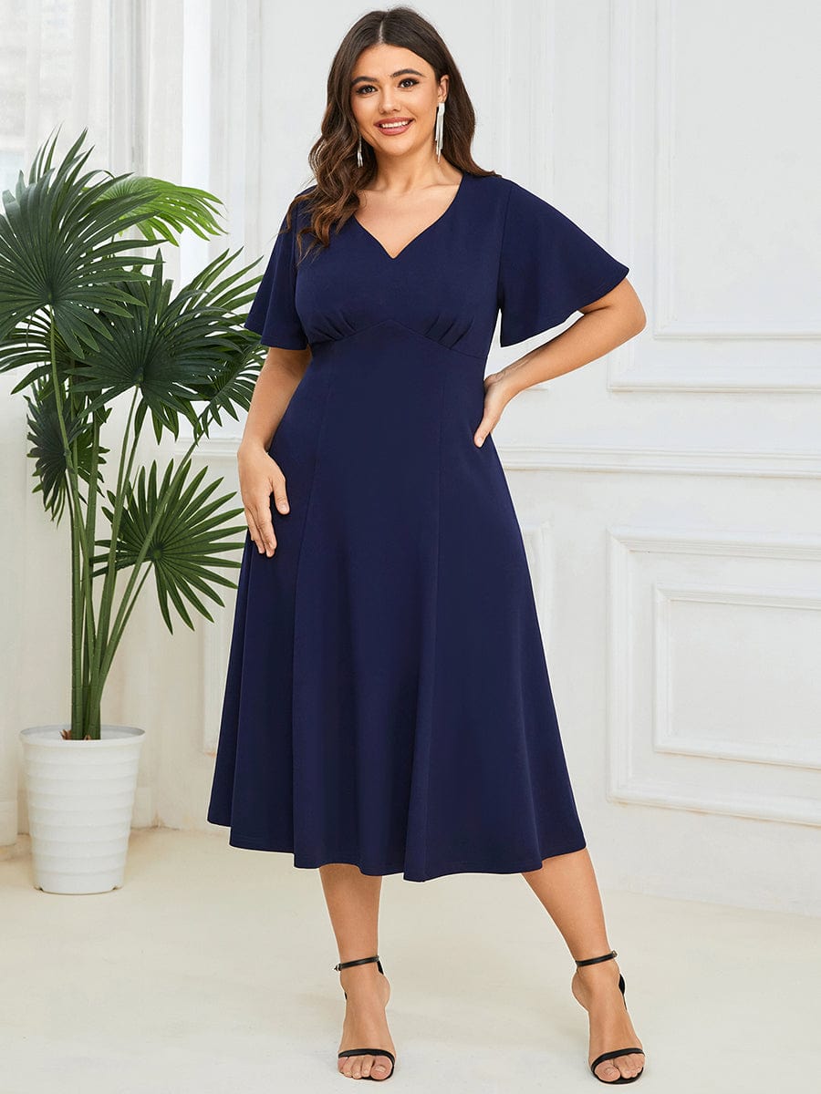 Plus Size Elegant Short Flutter Sleeve Midi Mother of the Bride Dress #Color_Navy Blue