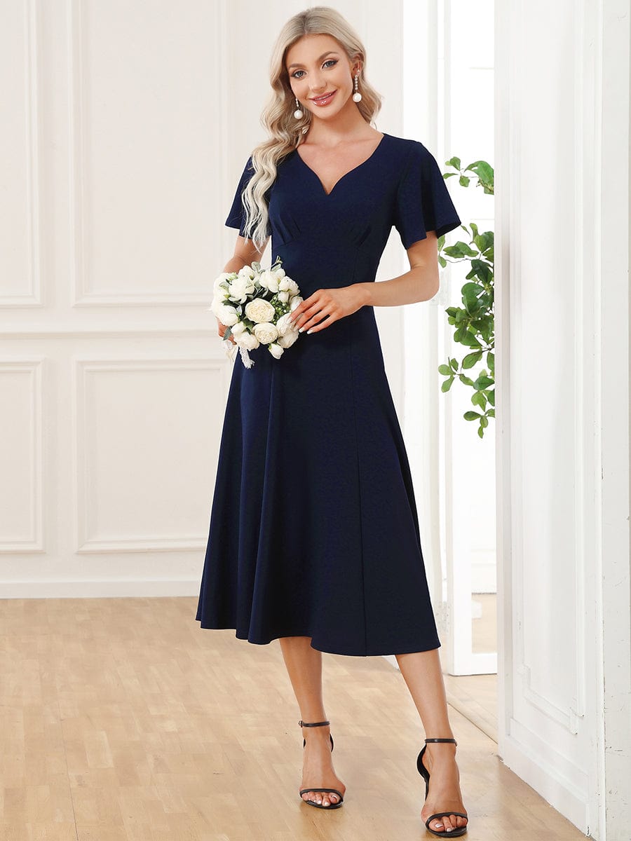 Short Flutter Sleeve V-Neck Midi Mother of the Bride Dress #Color_Navy Blue