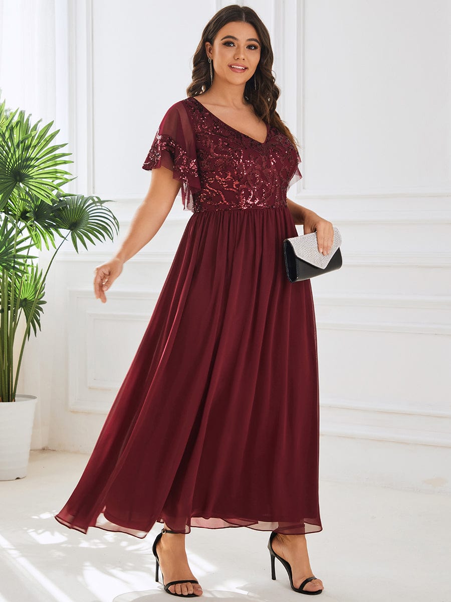 Plus Size V-Neck Short Sleeve Sequin Bodice Mother of the Bride Dress #Color_Burgundy
