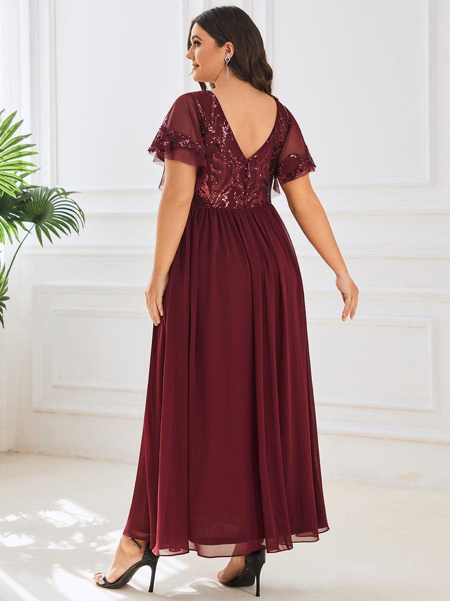 Plus Size V Neck Short Sleeve Sequin Bodice Mother of the Bride Dress