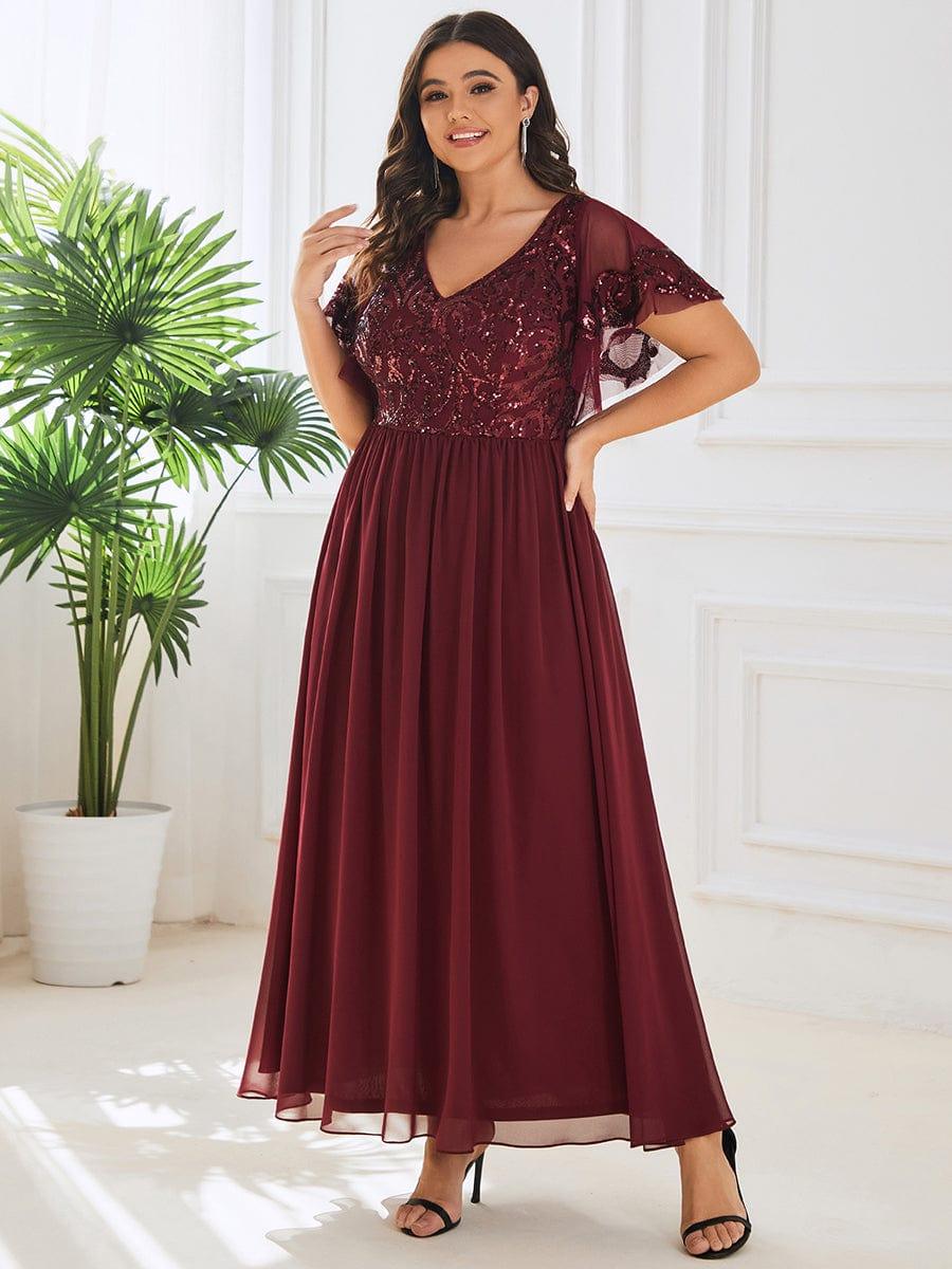 Plus Size V-Neck Short Sleeve Sequin Bodice Mother of the Bride Dress