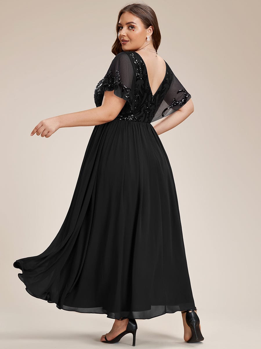 Plus Size V-Neck Short Sleeve Sequin Bodice Mother of the Bride Dress #Color_Black