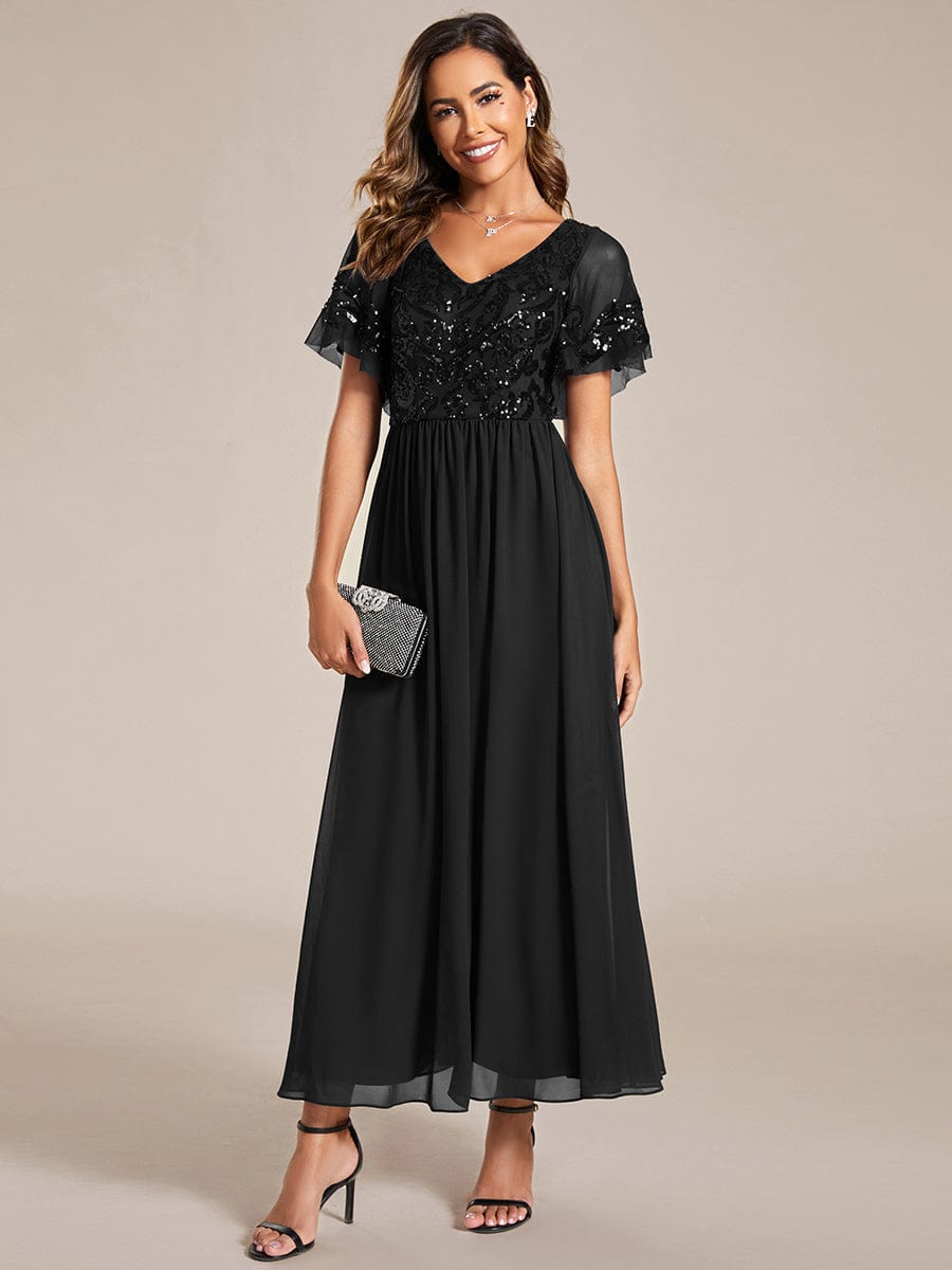 Short Sleeve V-Neck Sequin Chiffon A-Line Mother of the Bride Dress #Color_Black