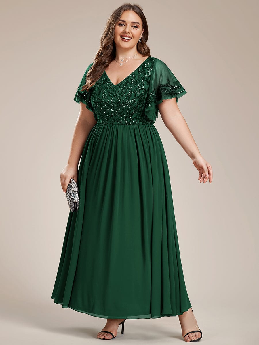 Plus Size V-Neck Short Sleeve Sequin Bodice Mother of the Bride Dress #Color_Dark Green