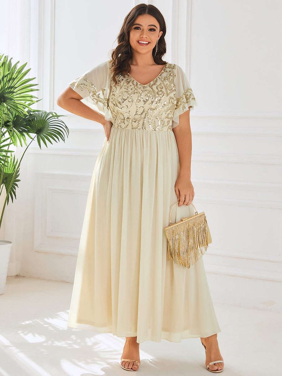 Plus Size V-Neck Short Sleeve Sequin Bodice Mother of the Bride Dress #Color_Gold