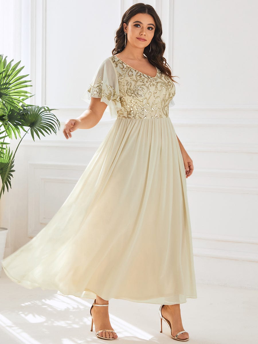 Custom Size V-Neck Short Sleeve Sequin Bodice Mother of the Bride Dress