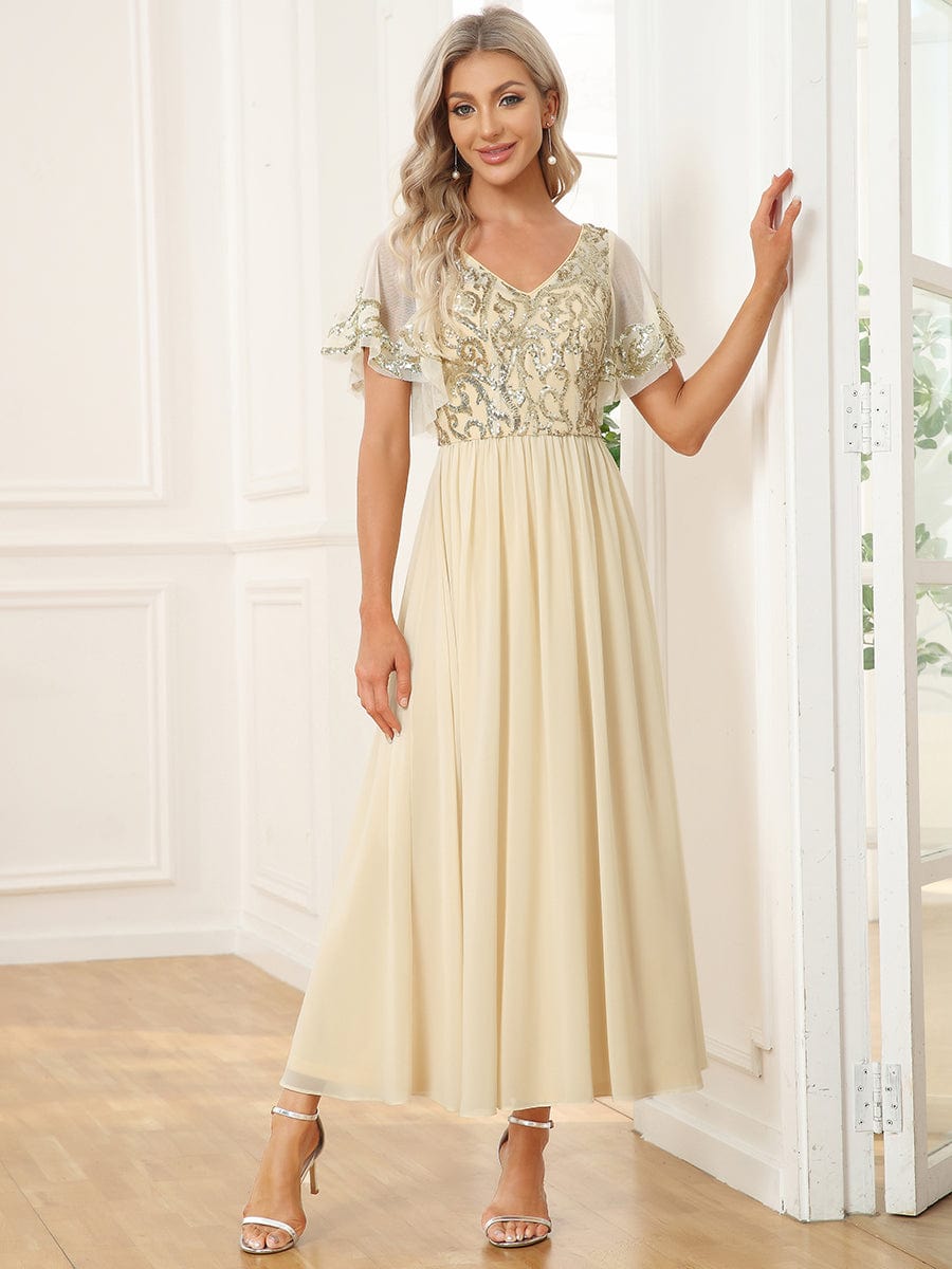 Short Sleeve V-Neck Sequin Chiffon A-Line Mother of the Bride Dress #Color_Gold