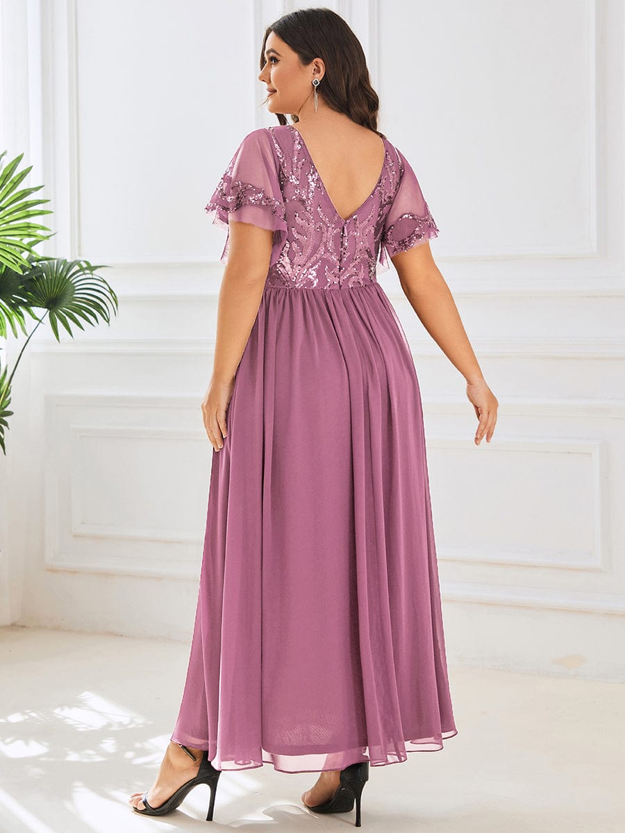 Plus Size V-Neck Short Sleeve Sequin Bodice Mother of the Bride Dress