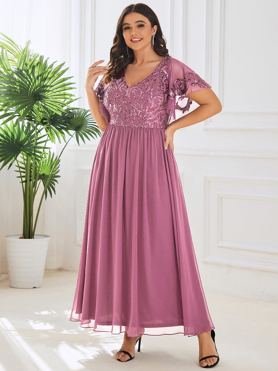 Plus Size V-Neck Short Sleeve Sequin Bodice Mother of the Bride Dress #Color_Purple Orchid