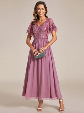 Short Sleeve V-Neck Sequin Chiffon A-Line Mother of the Bride Dress
