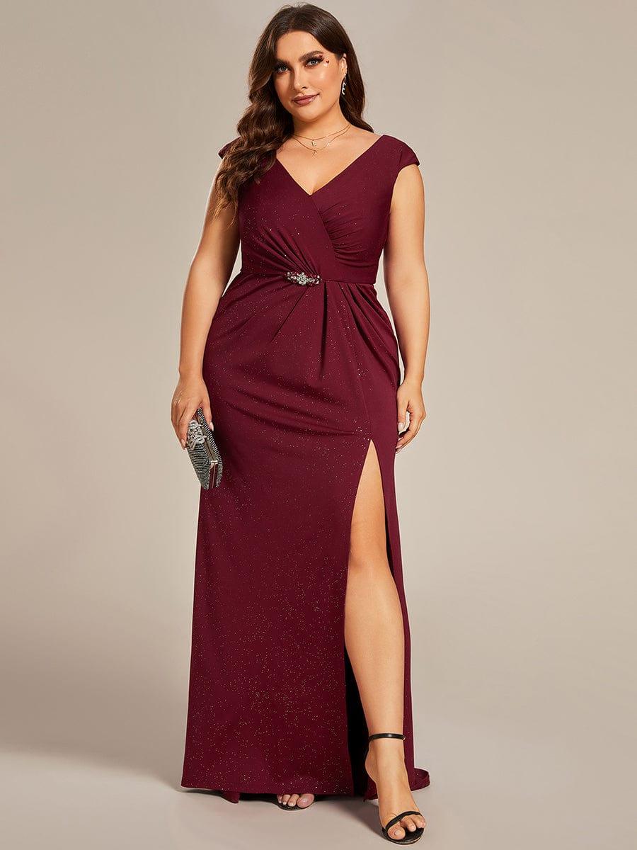 Plus Size Elegant V-neck Glitter Sequin Front Slit Mother of the Bride Dress #color_Burgundy