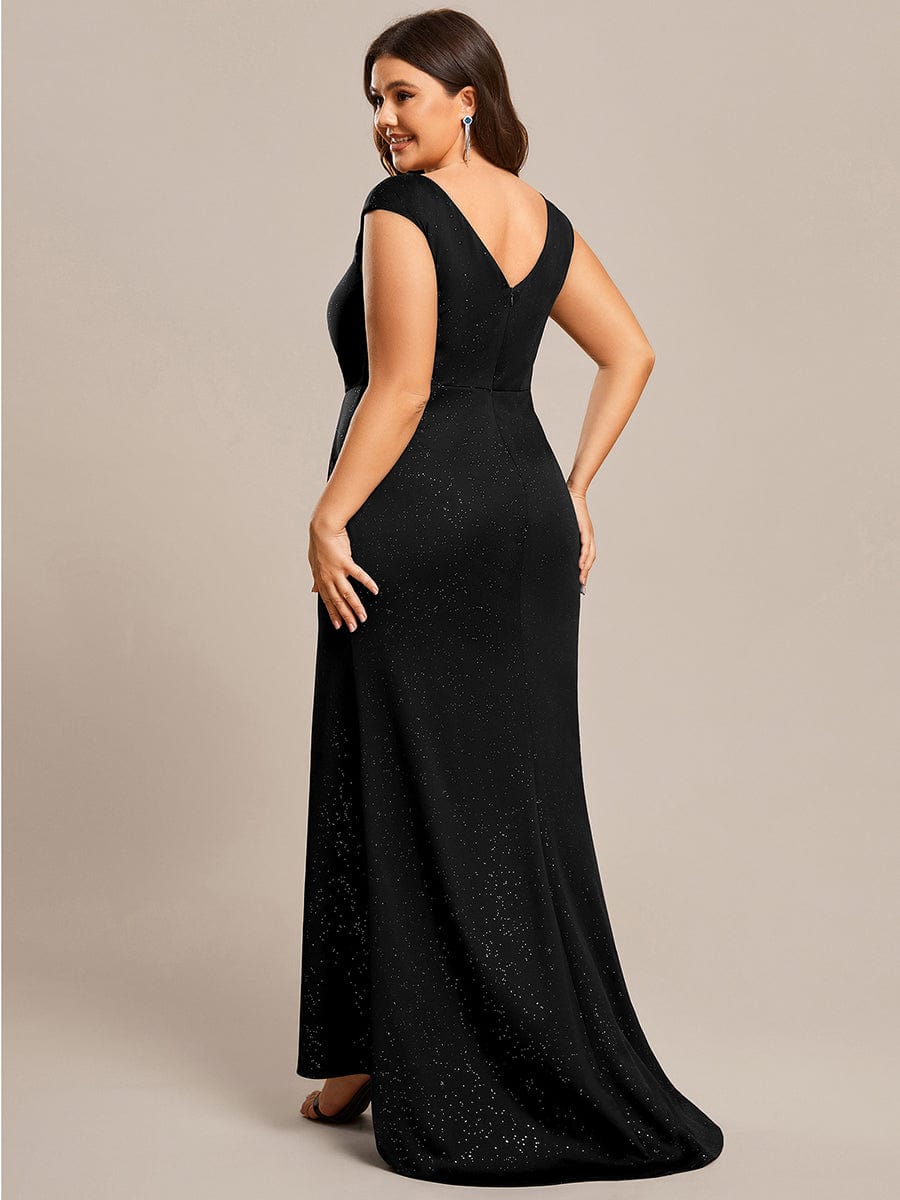 Plus Size Elegant V-neck Glitter Sequin Front Slit Mother of the Bride Dress #color_Black
