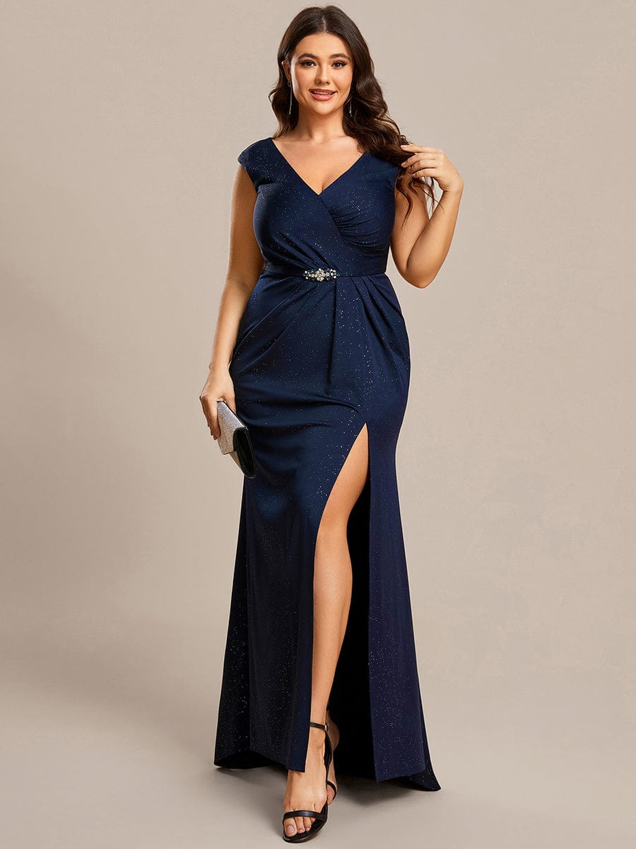 Plus Size Elegant V-neck Glitter Sequin Front Slit Mother of the Bride Dress #color_Navy Blue