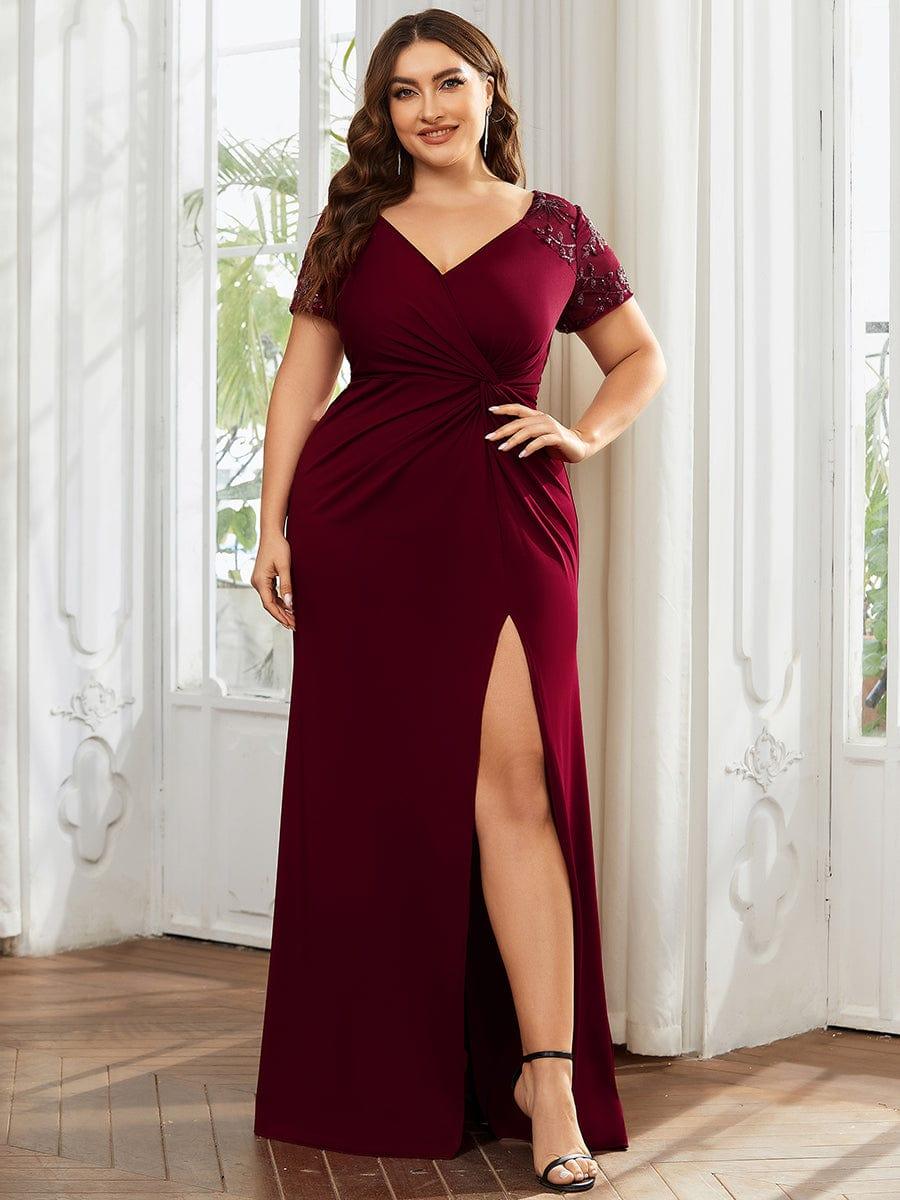 Custom Size Front Slit Short Sleeve With Sequin Mother of the Bride Dress #Color_Burgundy